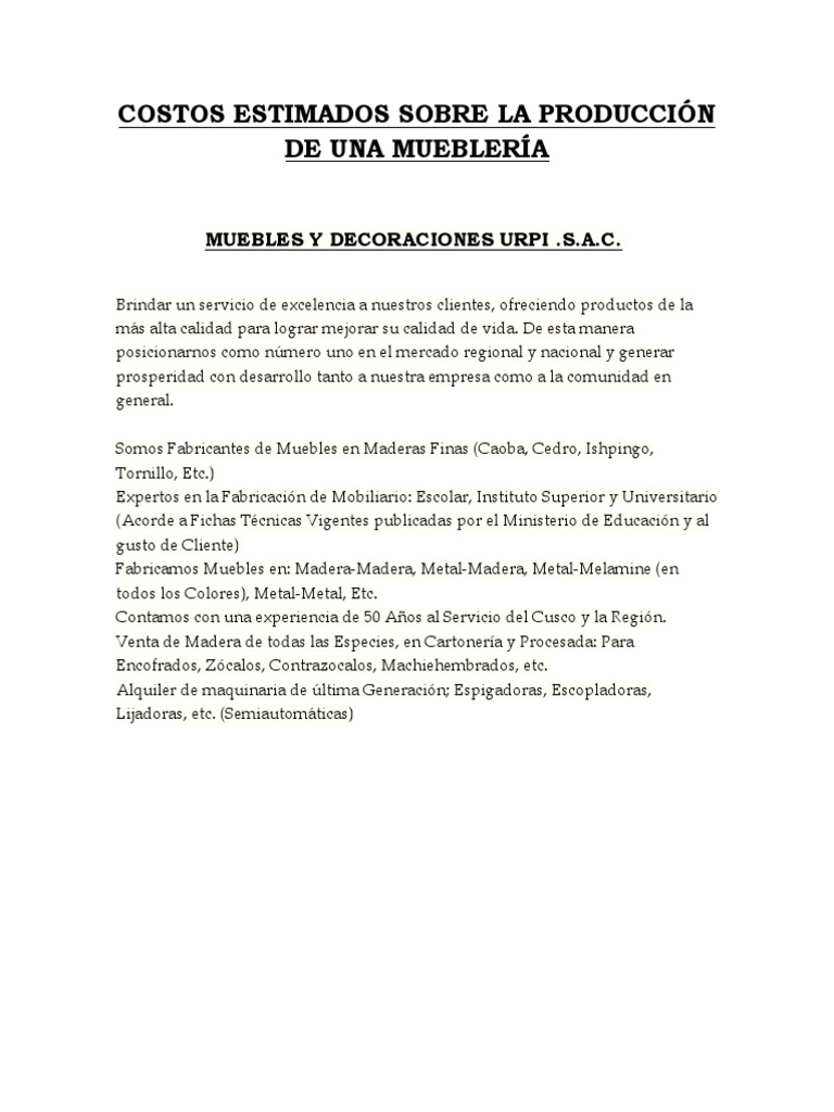 Costos de Producción de Muebles de Madera | PDF | Madera contrachapada ...