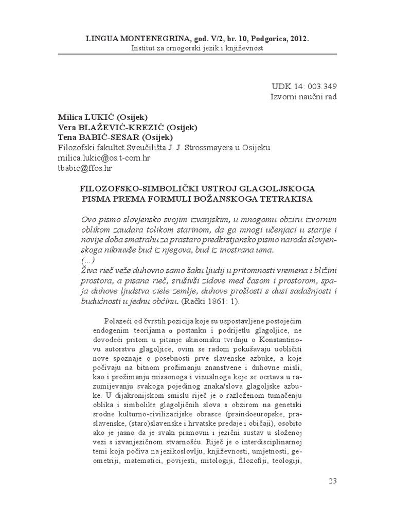 Filozofsko-Simbolički Ustroj Glagoljskoga Pisma Prema Formuli ...