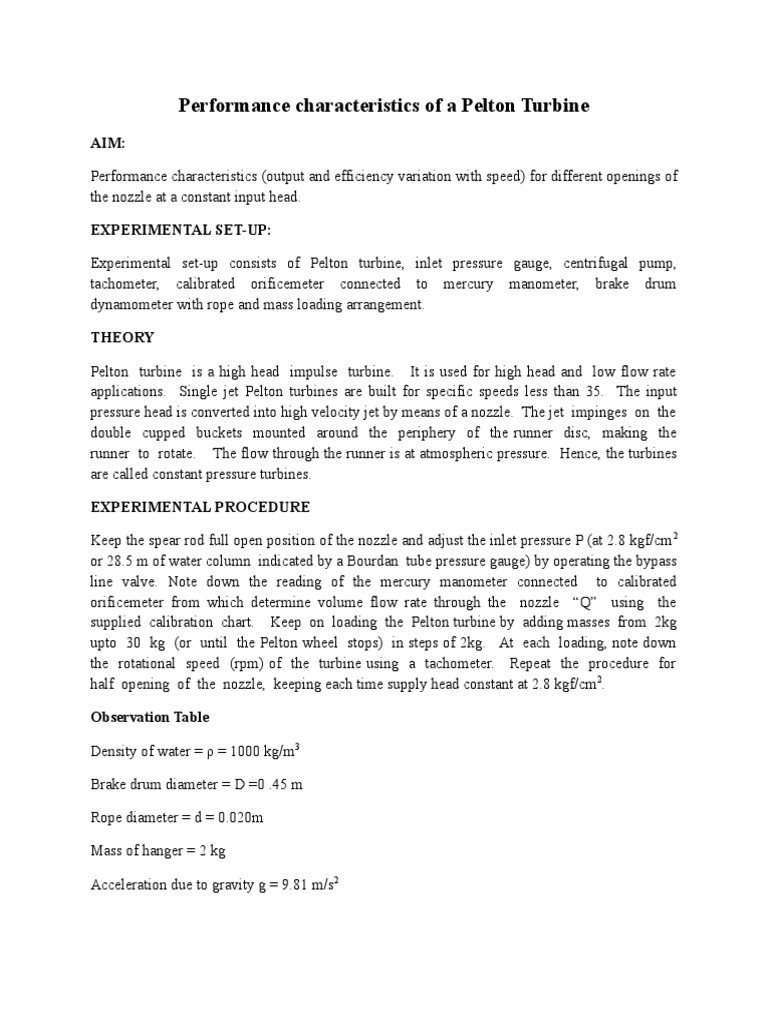 Pelton Turbine Performance Analysis | PDF | Technology & Engineering