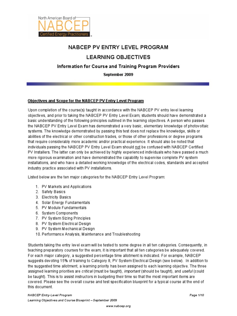 NABCEP Entry Level Learning Objectives Sept 2009 | PDF