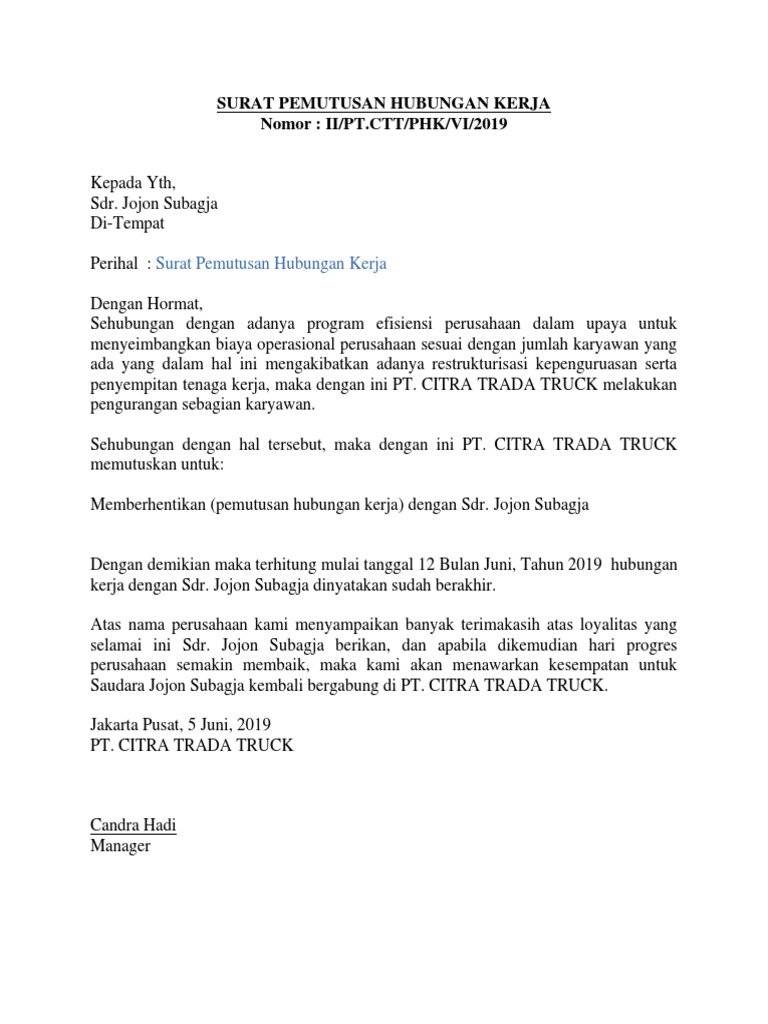 Surat Pemutusan Hubungan Kerja