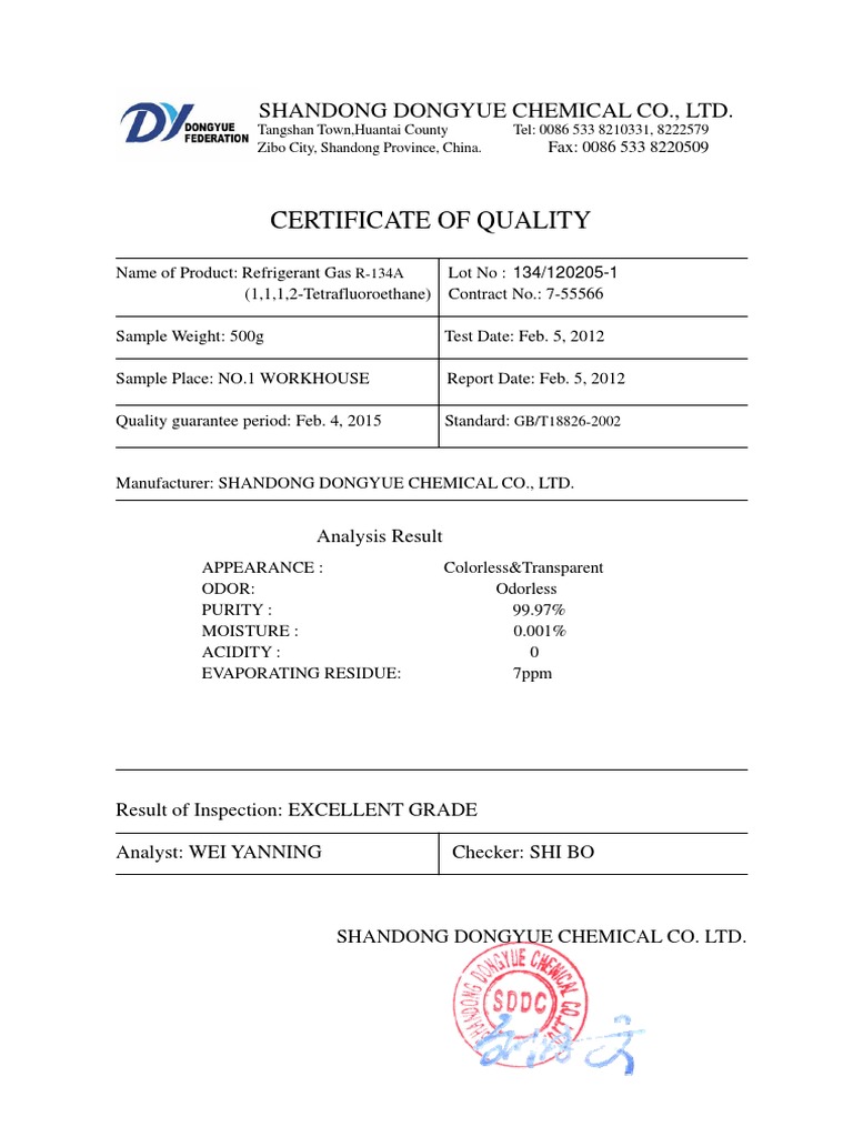 Quality Certificate for R-134A Gas | PDF