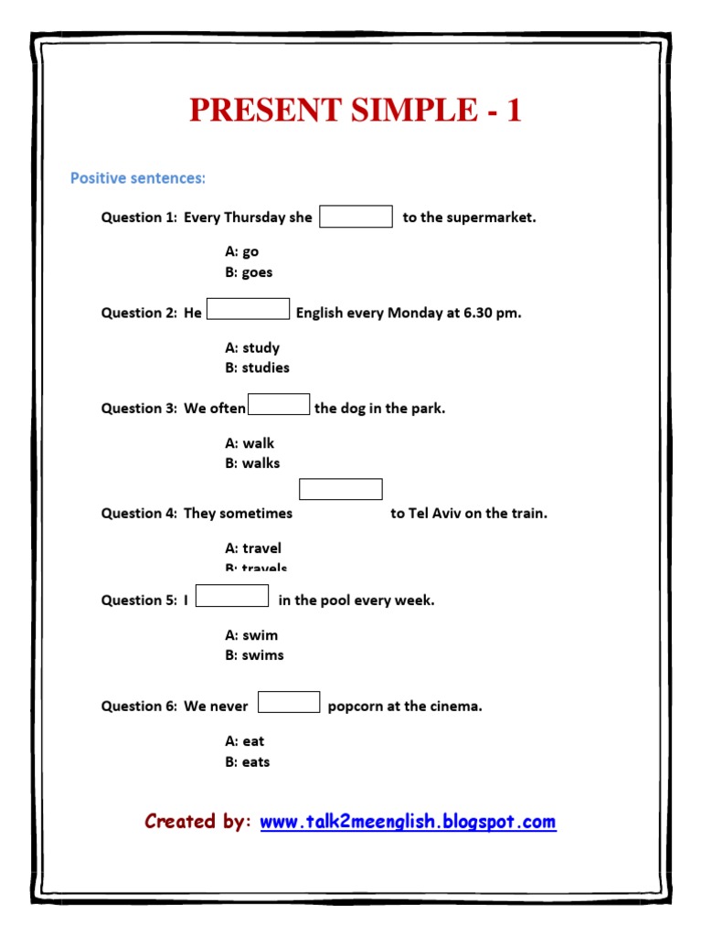 Present Simple Quiz - Positive Sentences | PDF