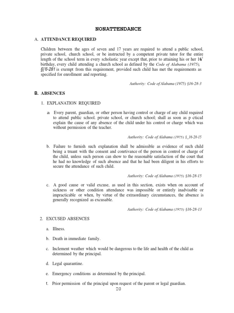Alabama School Attendance Policy, Per Code of Alabama, Title 16