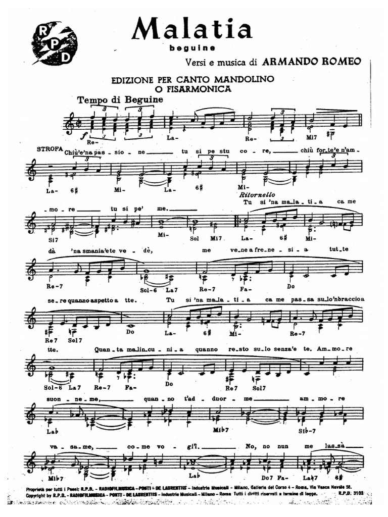 Malatia Peppino Di Capri Spartito