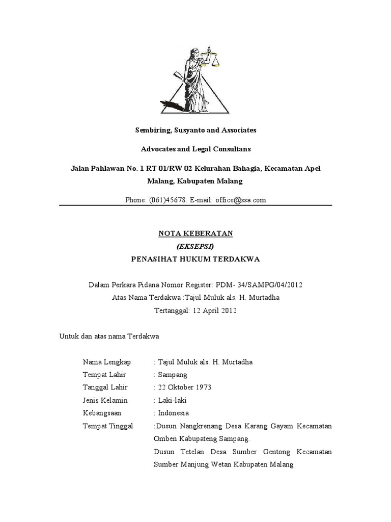 Contoh Eksepsi Pidana