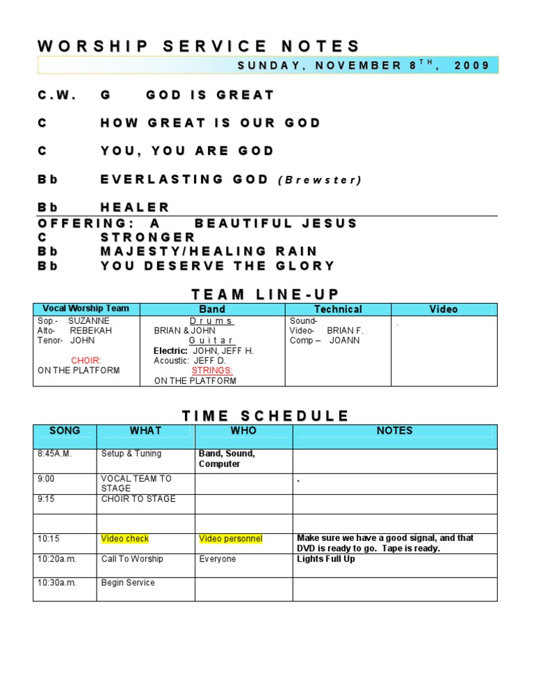 Worship Service Schedule and Notes | PDF