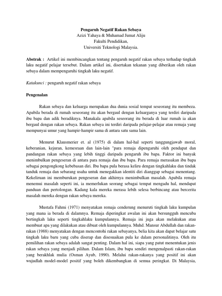 Kajian Pengaruh Rakan Sebaya Pdf