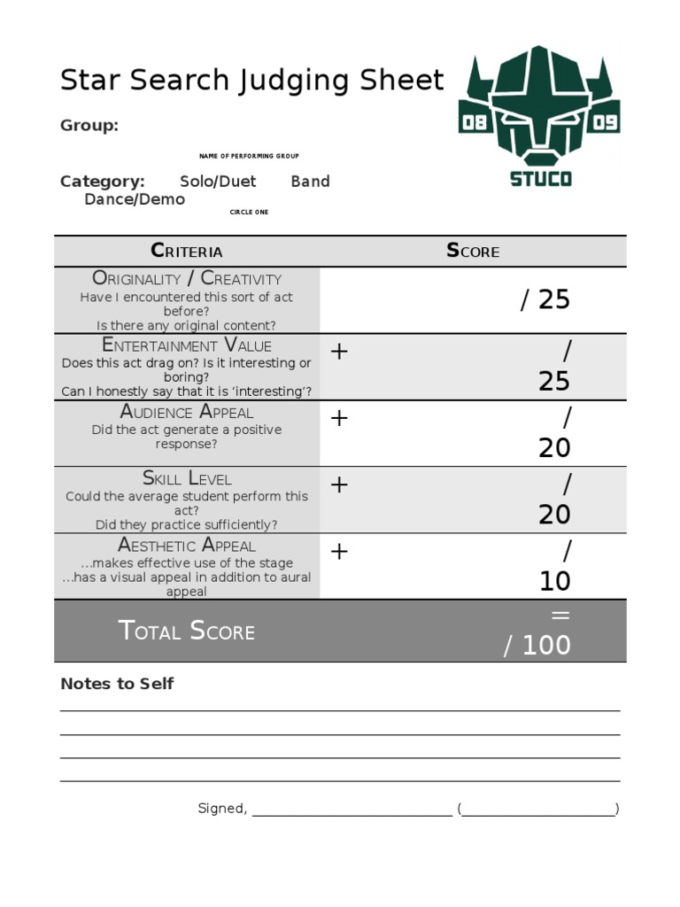 Judging Sheet For Auditions | PDF | Entertainment