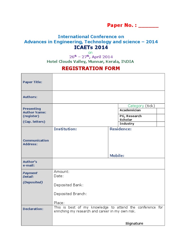 ICAET 2014 Conference Registration Form | PDF