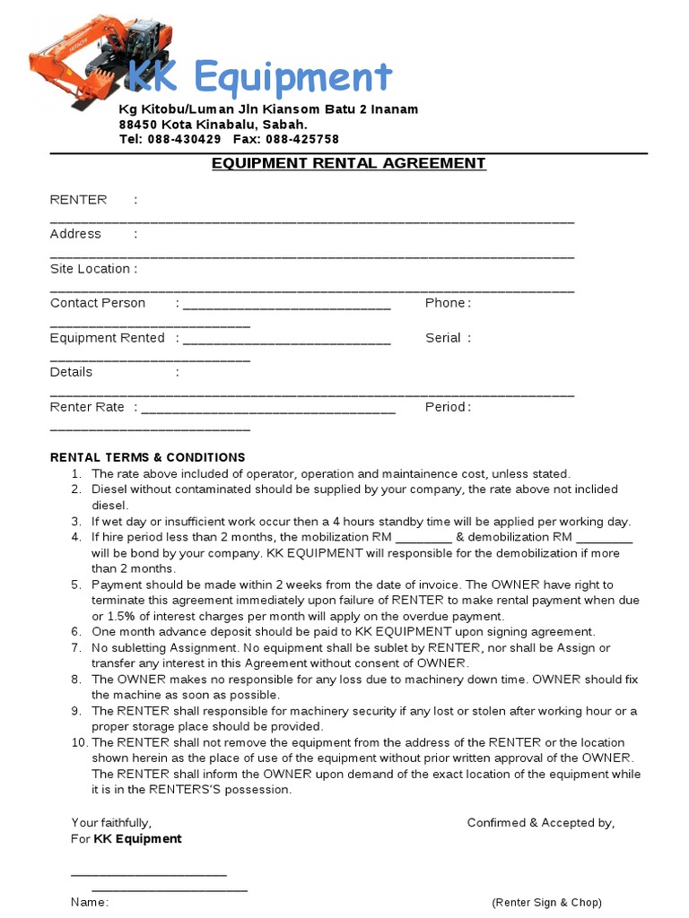 Equipment Rental Agreement Template | PDF