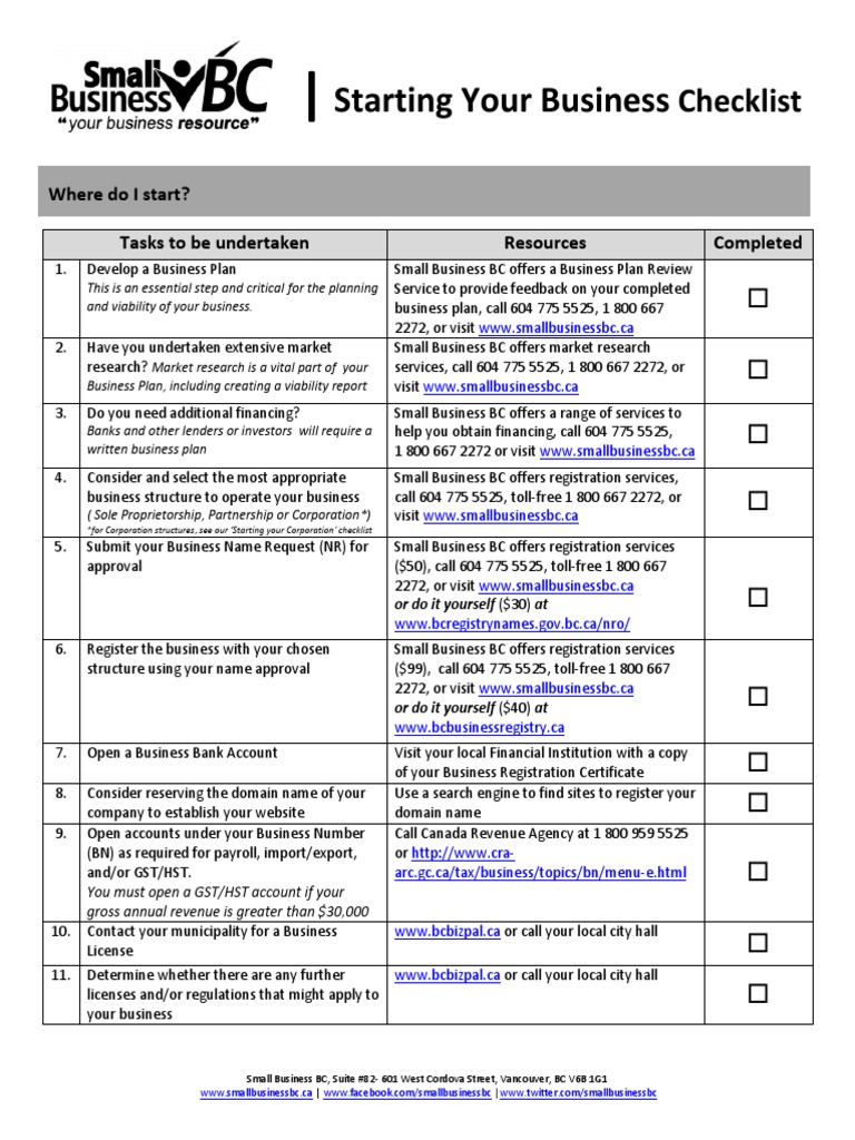 Starting Your Business in BC Checklist | PDF | Payroll | Business