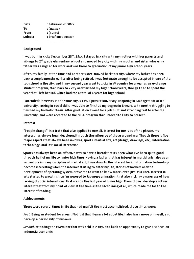 Memo Self Introduction Example PDF Behavior Modification Learning