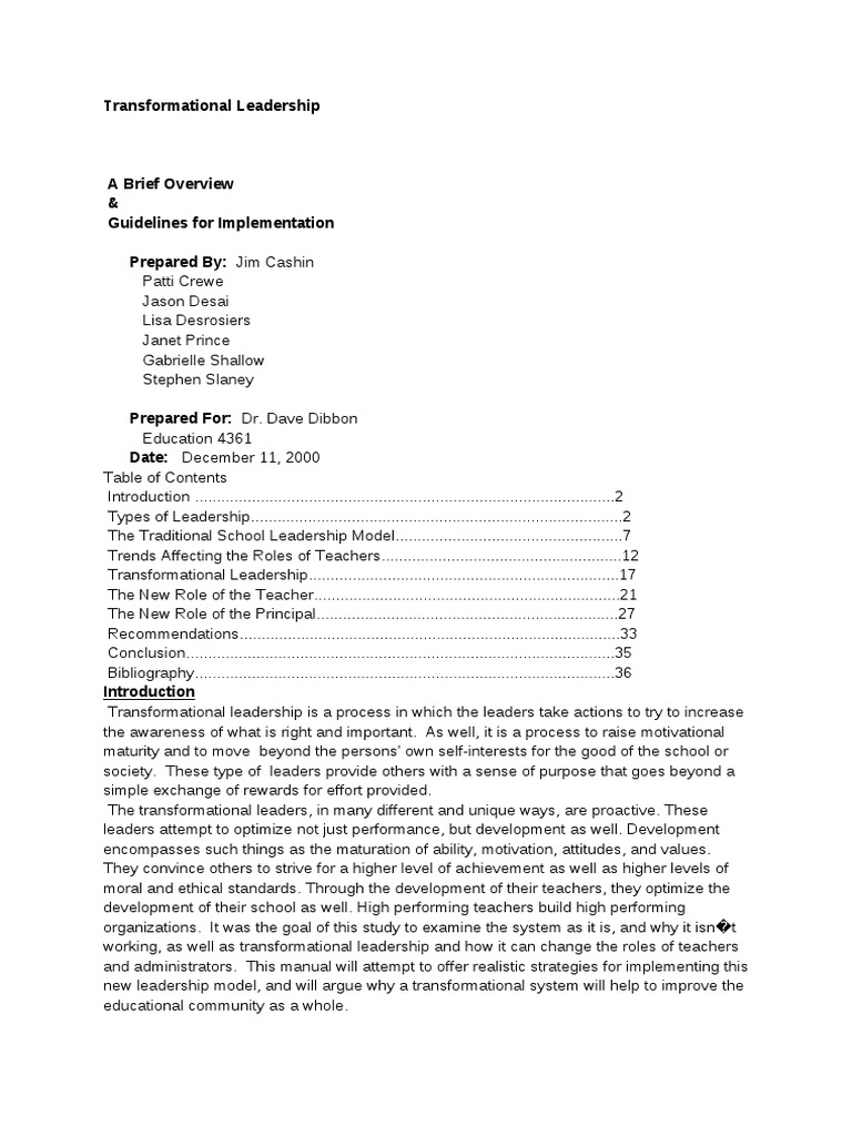 Transformational Leadership Overview | PDF | Leadership | Teachers