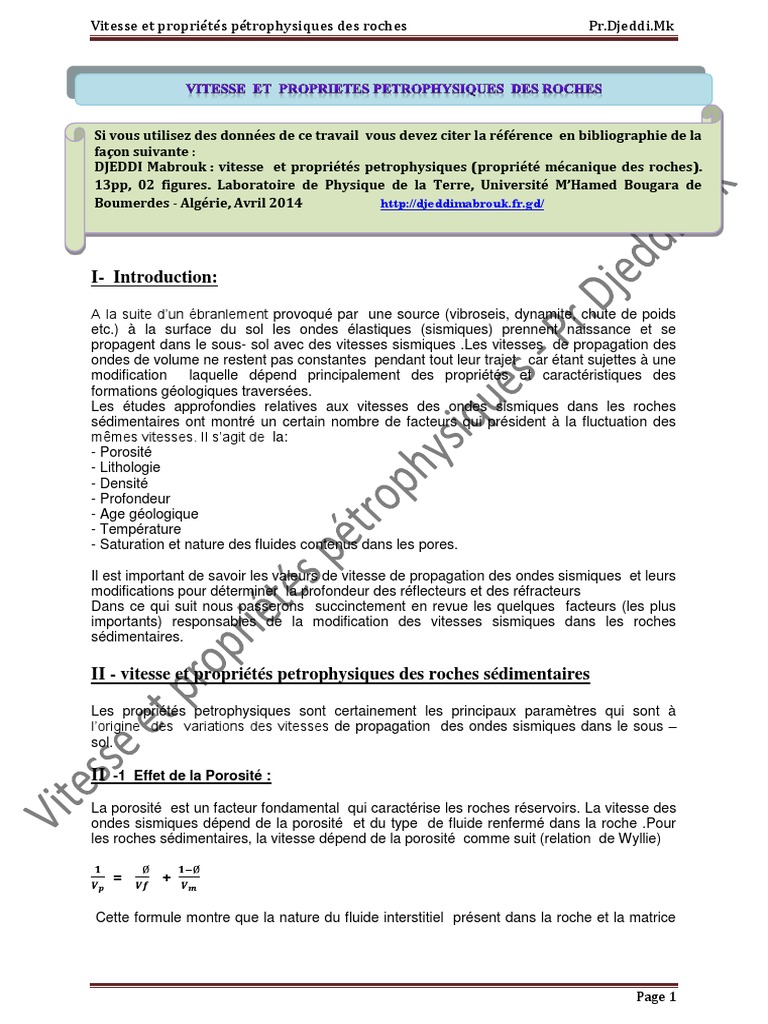 Vitesse Et Propriétés Petrophysiques (Propriétés Mécaniques Des Roches ...