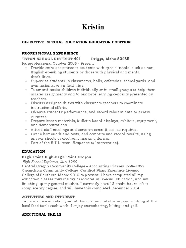 Special Education Paraprofessional Resume | PDF | Career & Growth ...