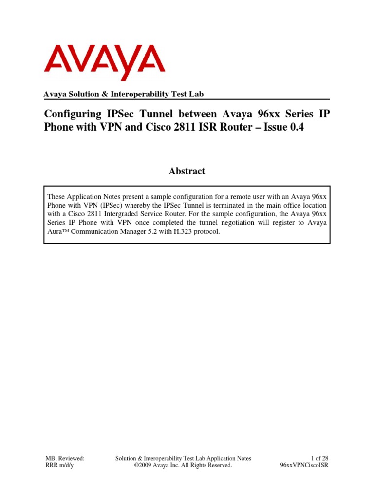Configuring Ipsec Tunnel Between Avaya 96Xx Series Ip Phone With VPN and  Cisco 2811 Isr Router - Issue 0.4 | PDF | Computers