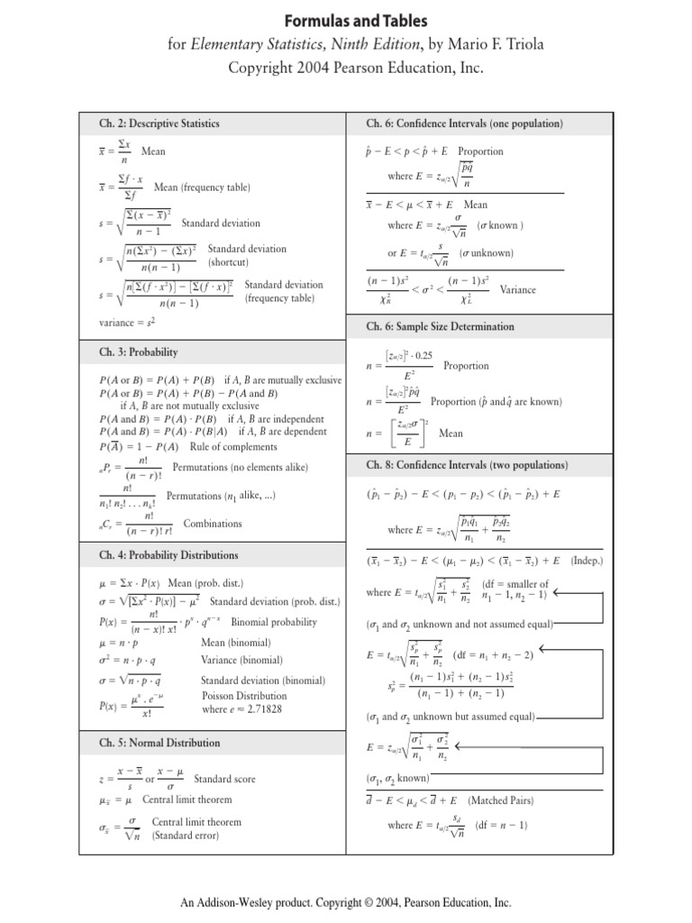 Tablas y Formulas Triola 9 Ed | PDF