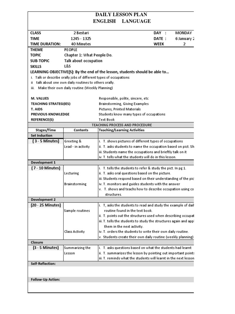 Daily Lesson Plan for English Class 2 Bestari | PDF | Lesson Plan ...