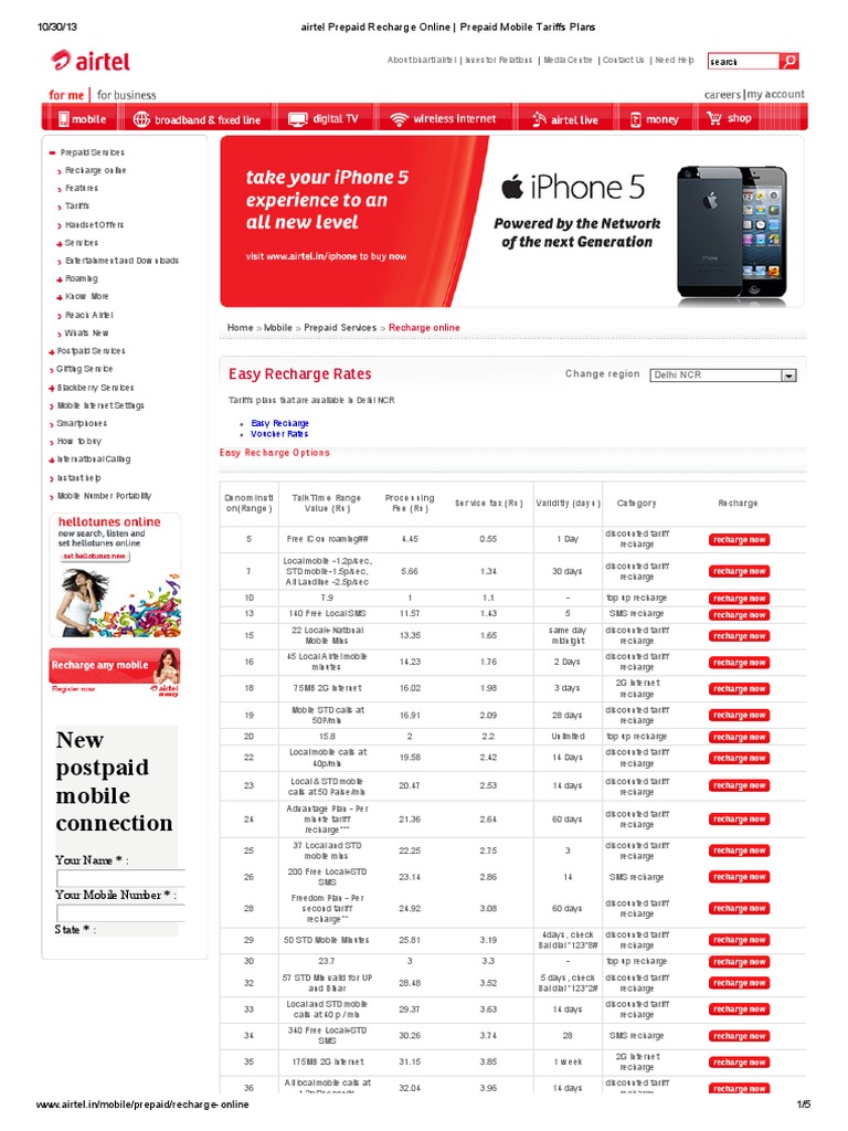 Airtel Prepaid Recharge Online Prepaid Mobile Tariffs Plans PDF