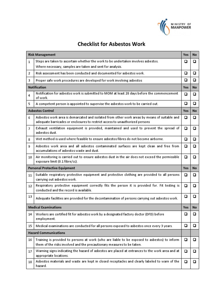 Checklist For Asbestos Work PDF