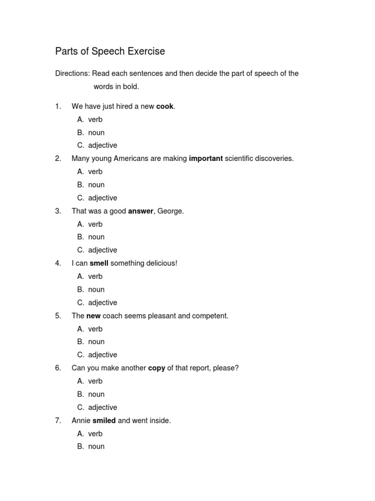 PARTS OF SPEECH PRACTICE EXERCISE PDF visual data 7