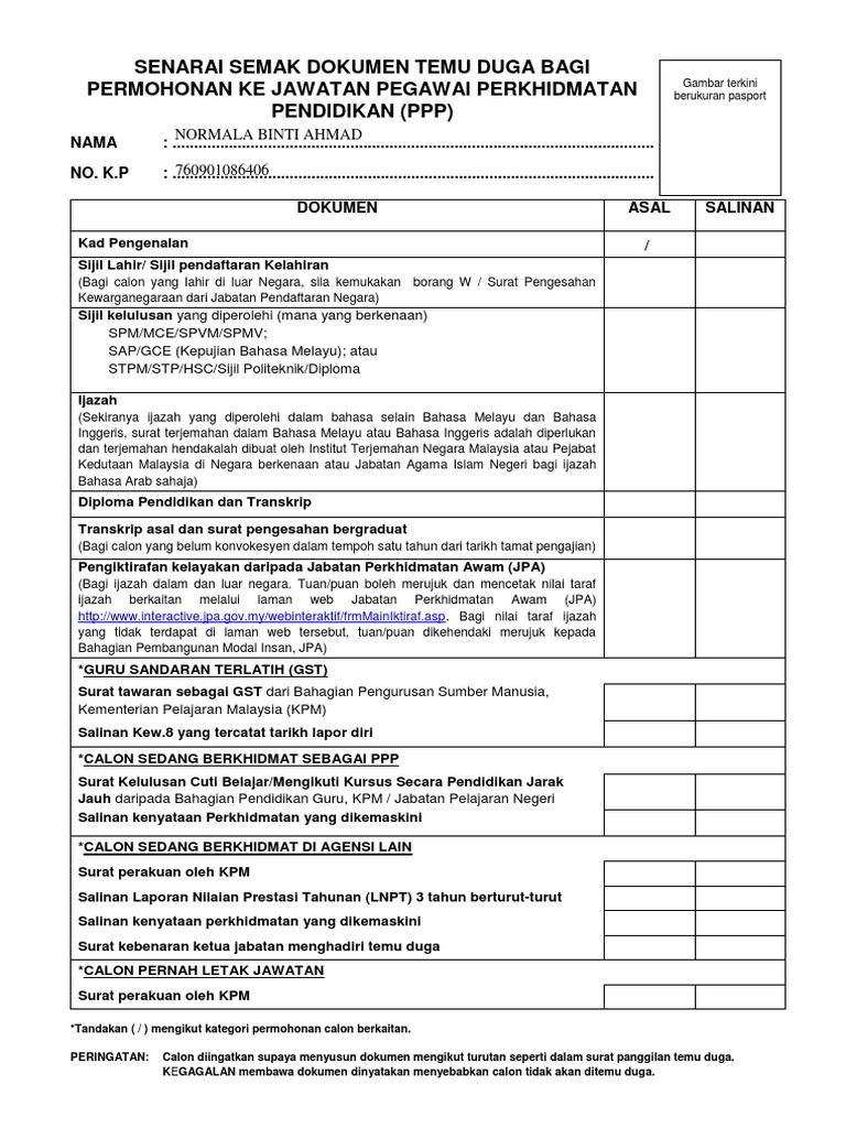 Borang Senarai Semak Temu Duga Ke Jawatan Ppp Pdf