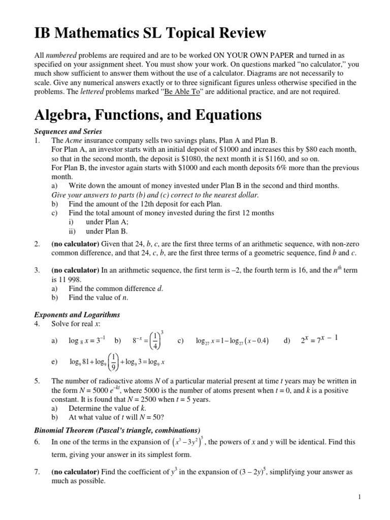 IB Math SL Review Worksheets | PDF | Standard Deviation | Triangle