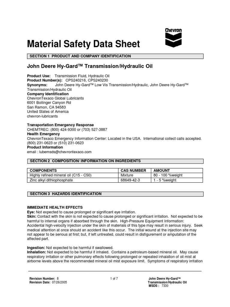 Hydraulic Oil HyGard Transmission John Deere Dangerous Goods Toxicity