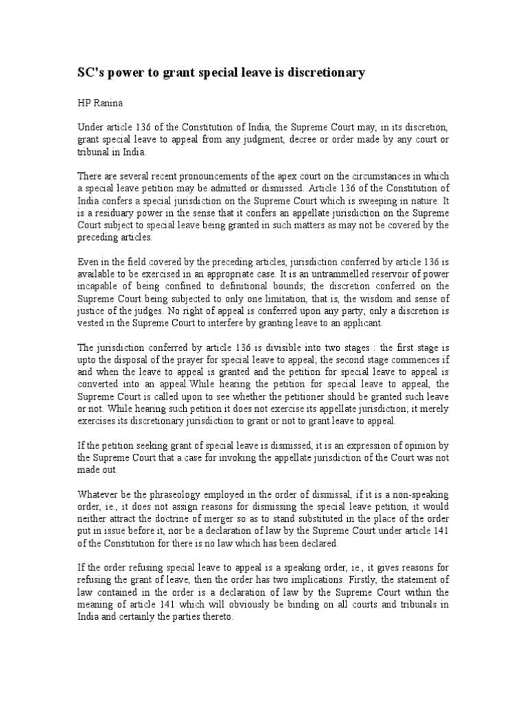 special leave to appeal by the supreme court