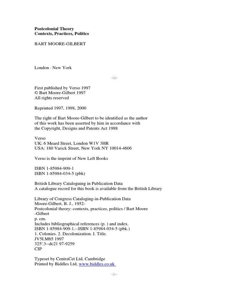 Bart Moorem Gilbert - Postcolonial Theory Contexts, Practices, Politics ...