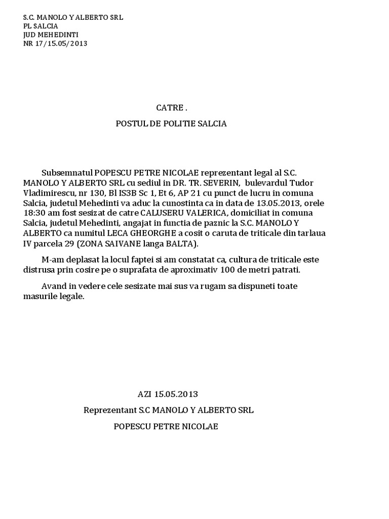 Sesizare Politie | PDF