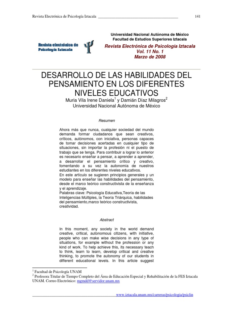 Habilidades del Pensamiento en Educación | PDF