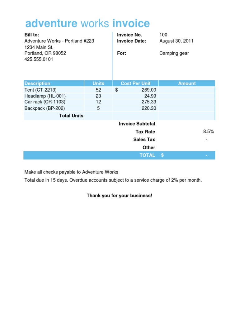 Adventure Works Invoice for Camping Gear | PDF | Business
