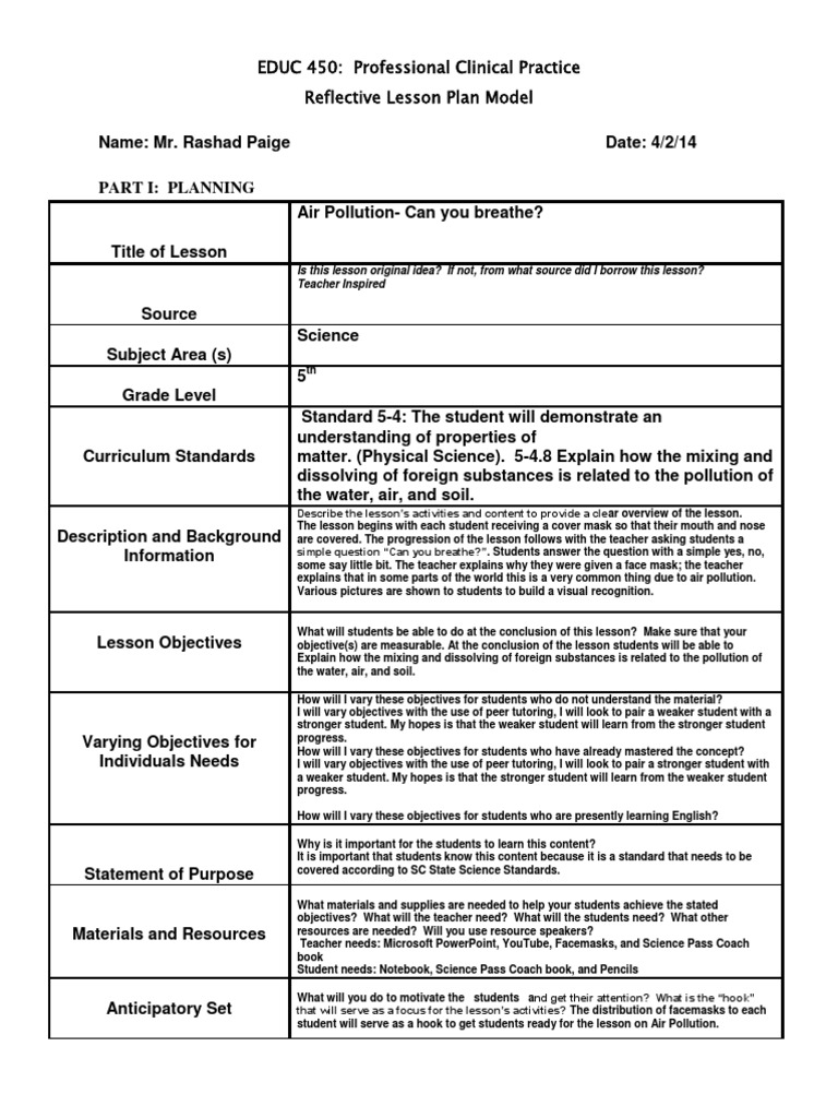 Air Pollution Lesson Plan for 5th Grade | PDF | Differentiated ...