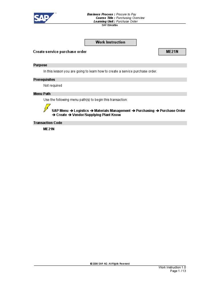 Me21n-Create Service Purchase Order | PDF | Business Process | Business ...