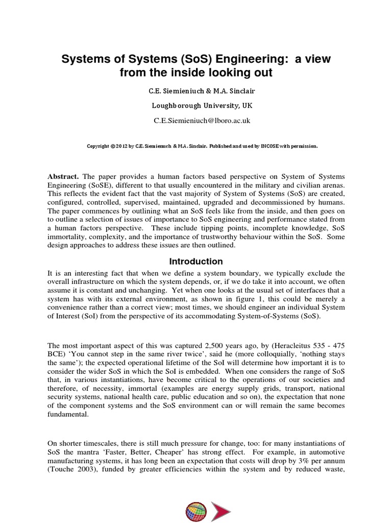 Systems of Systems (Sos) Engineering: A View From The Inside Looking ...