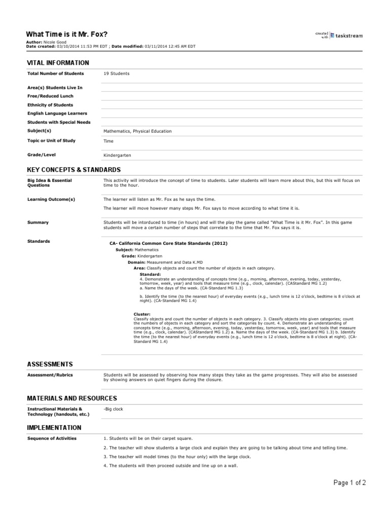 What Time Is It MR Fox PDF Common Core State Standards Initiative
