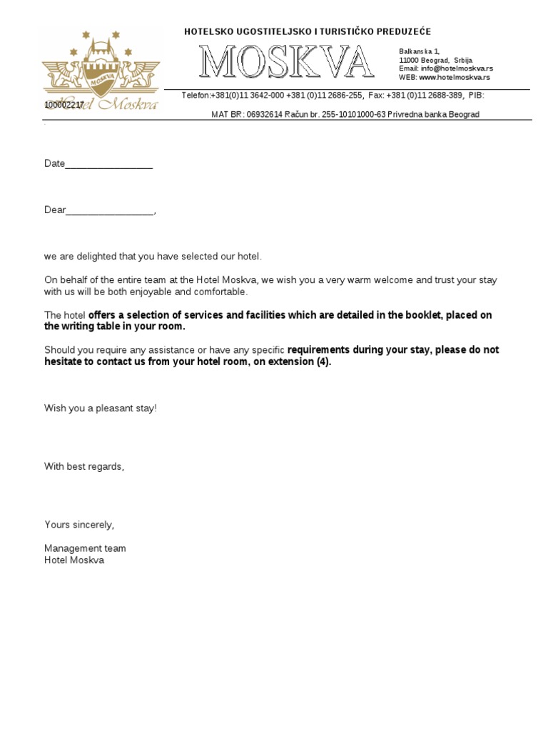 Welcome Letter for Hotel Guests | PDF