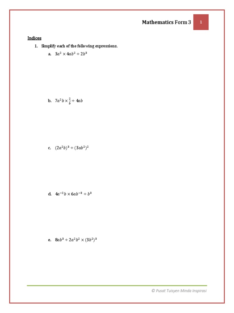 Indices: Mathematics Form 3 | PDF