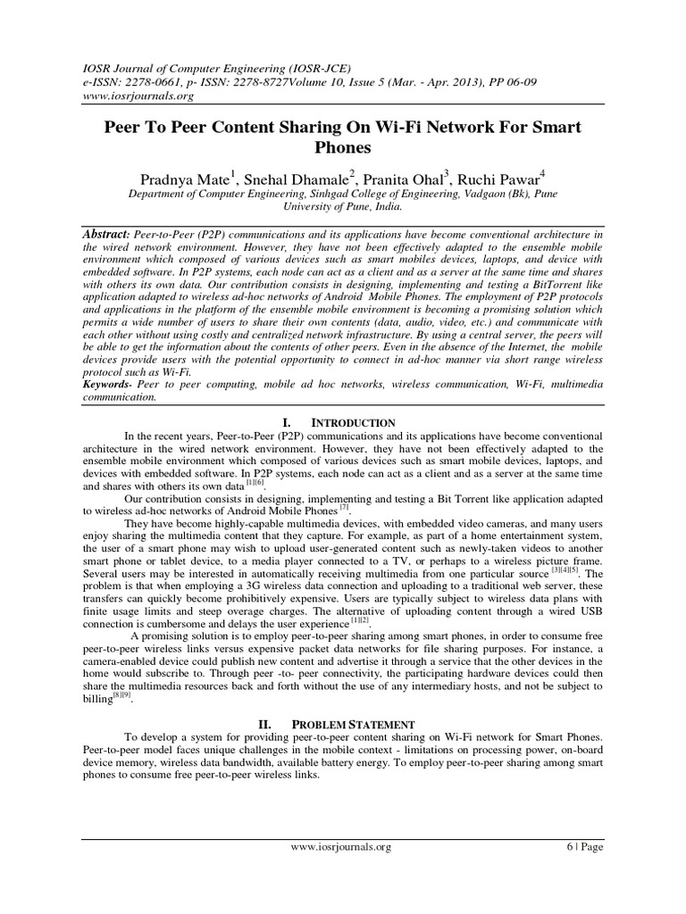 Peer To Peer Content Sharing On Wi-Fi Network For Smart Phones | PDF ...
