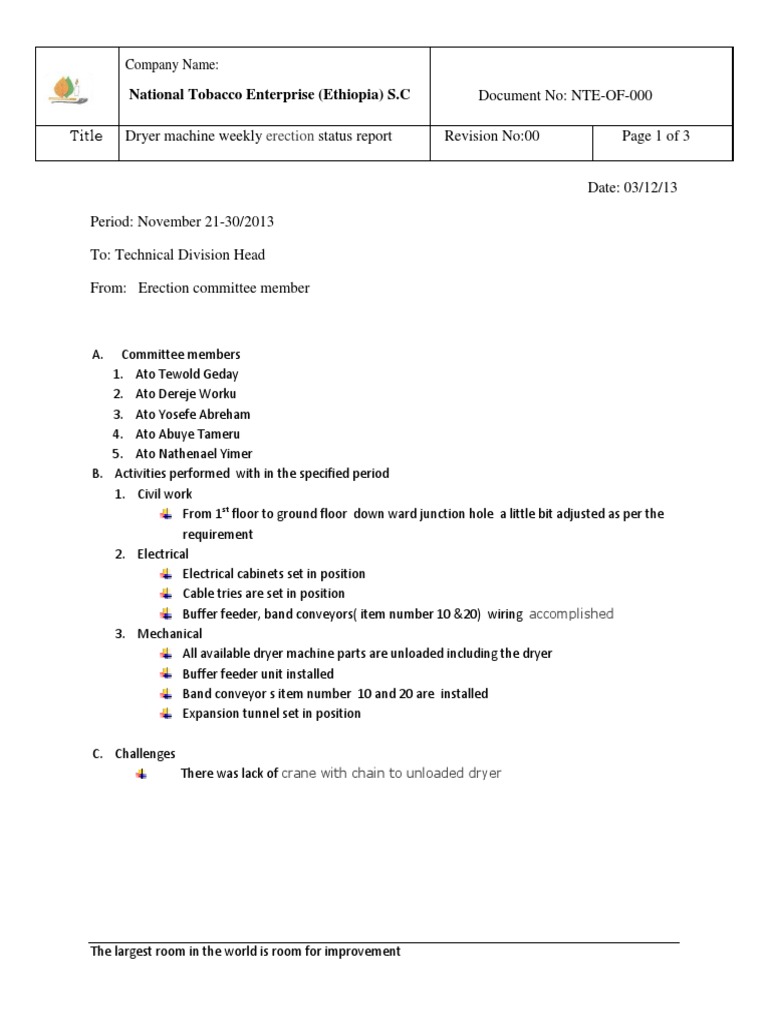 Weekly Dryer Machine Erection Report | PDF | Manufactured Goods | Science