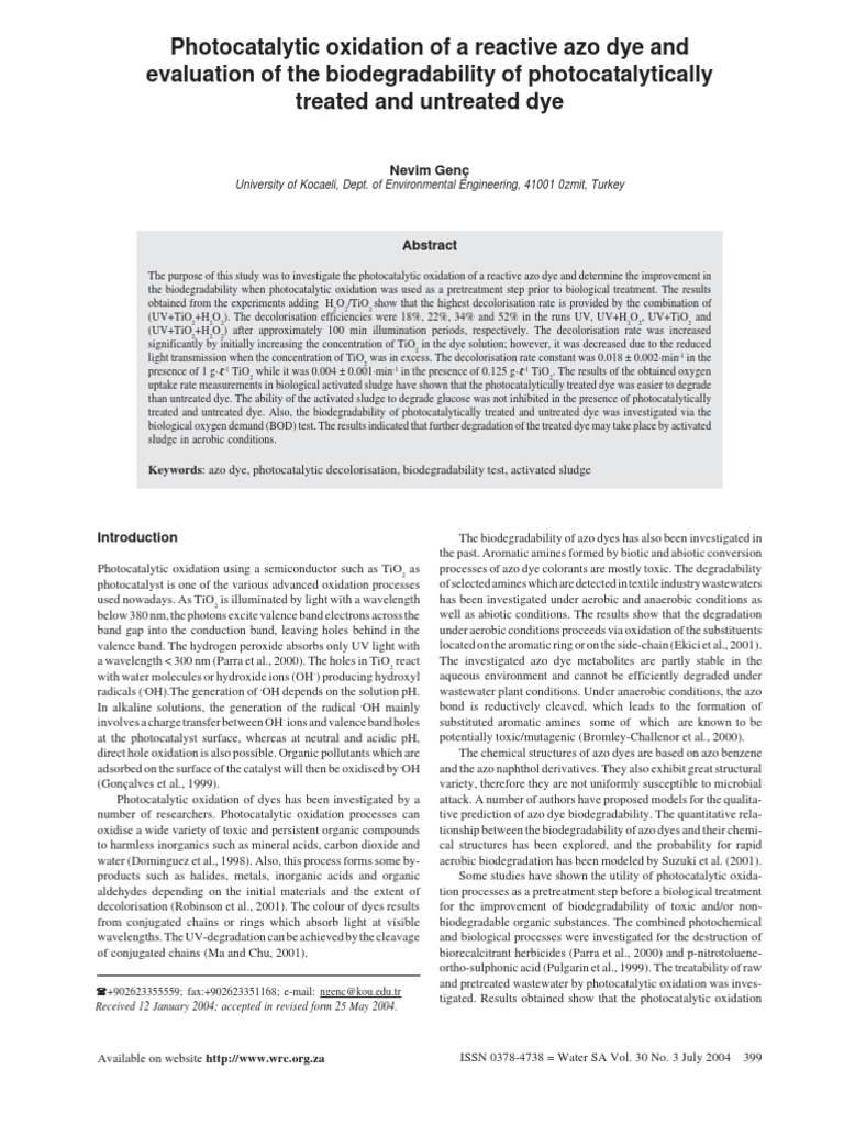 Photocatalytic Oxidation of A Reactive Azo Dye and Evaluation of The