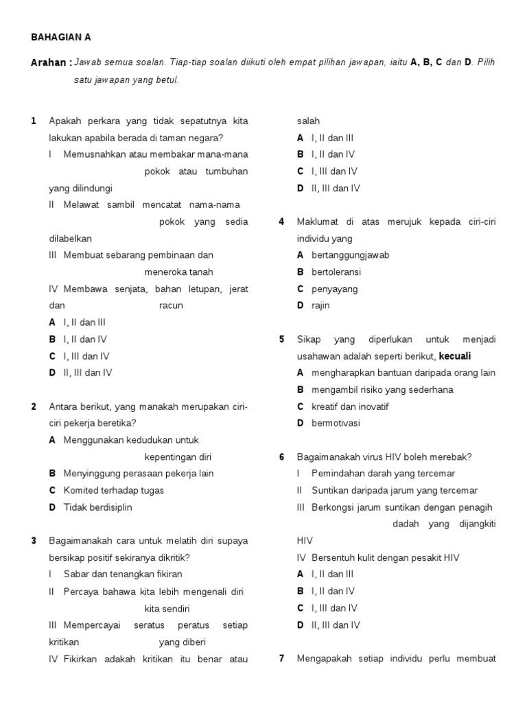 Ujian Moral Tingkatan 2 Awal