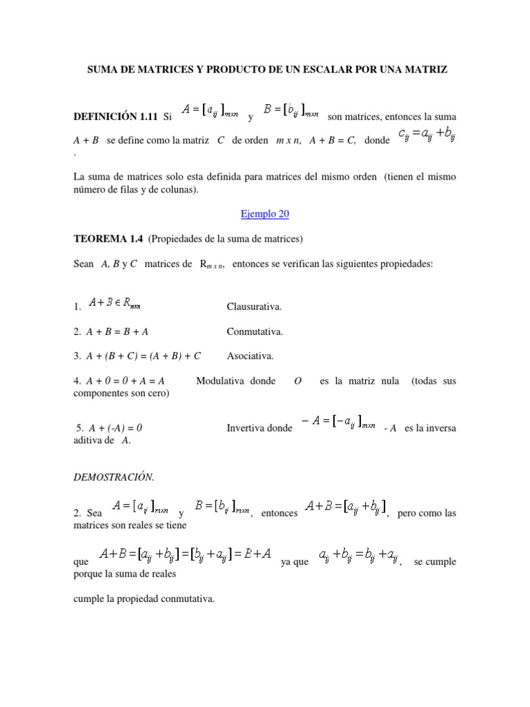 Producto Escalar y Suma de Matrices | PDF | Matriz (Matemáticas ...