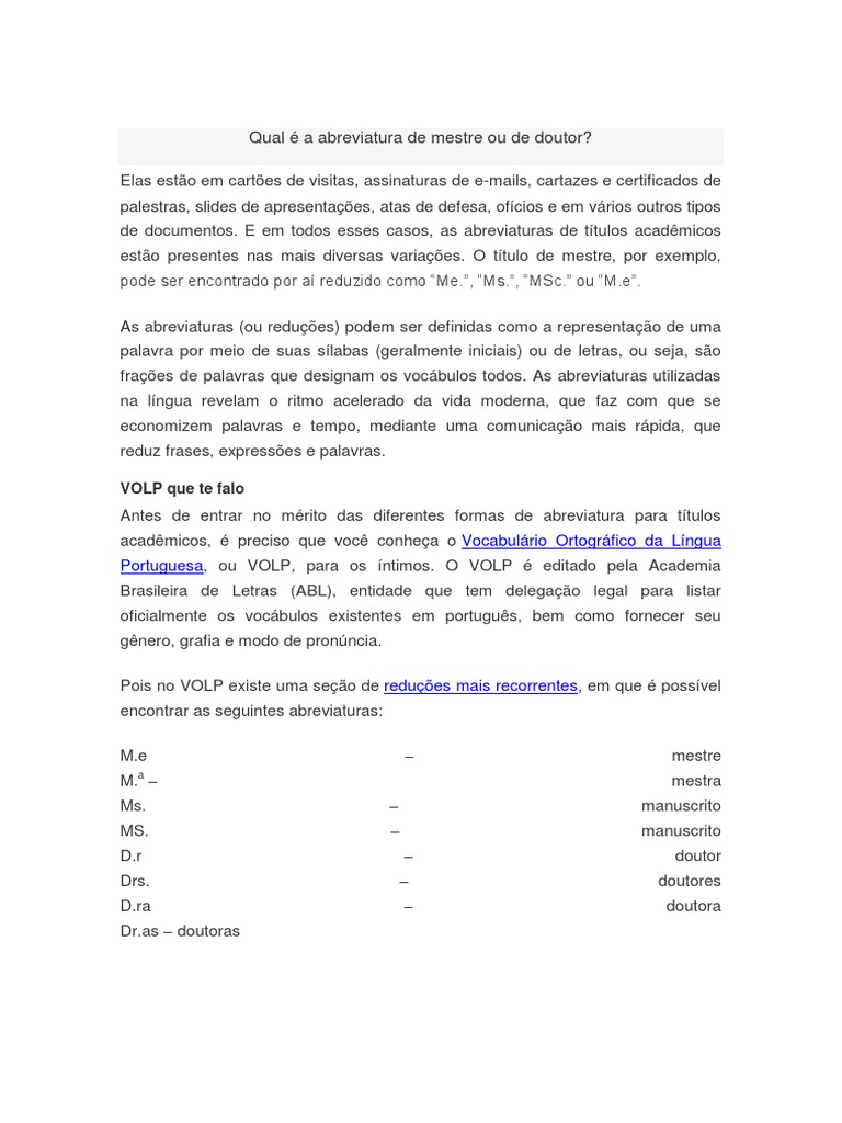 Abreviatura Mestre Doutor | PDF | Doutor em Filosofia | Palavra