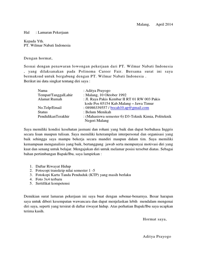 Download 63+ Contoh Surat Lamaran Kerja Wilmar Terbaik Gratis