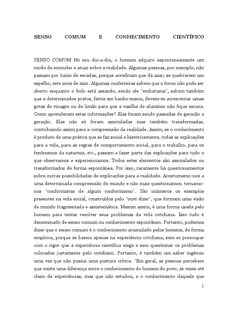 Senso Comum e Conhecimento Científico | PDF | Science | Conhecimento