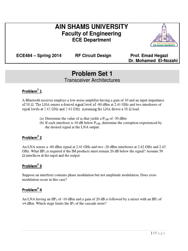RF Circuit Design Problem Set 1 | PDF | Amplifier | Wireless