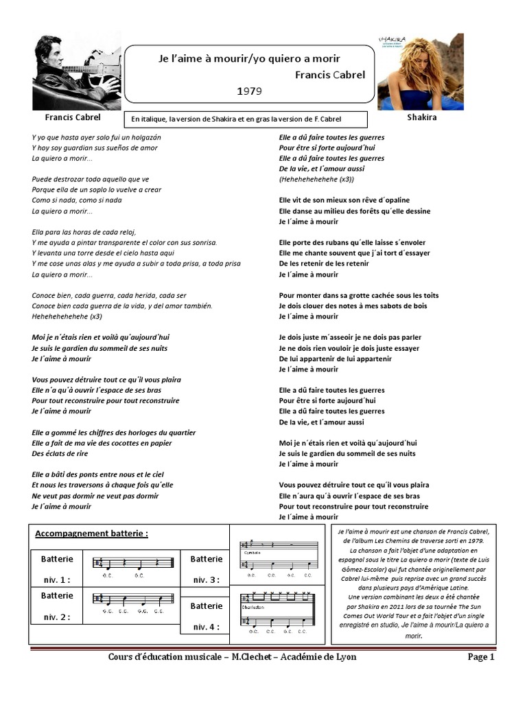 Shakira Je L Aime à Mourir Parole Projet Musical Je L'aime À Mourir | PDF | Musique enregistrée | Chansons  numéro 1